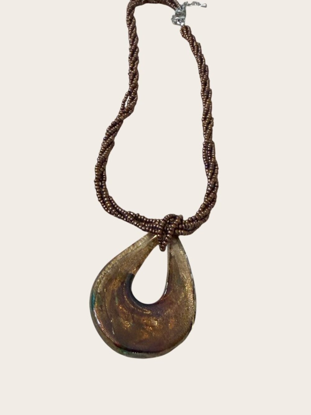 Vintage Murano Glass Teardrop Pendant Necklace With Bronze Beaded Cord - Picture 8 of 9